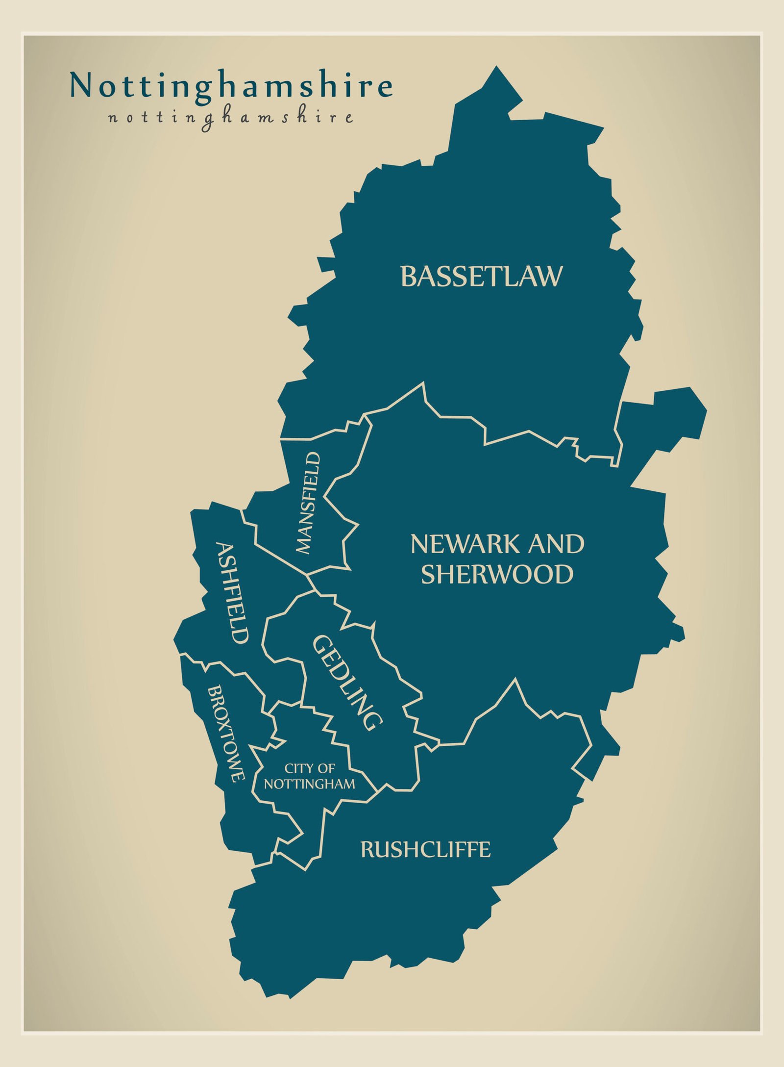 Modern Map - Nottinghamshire county with district captions England UK illustration
